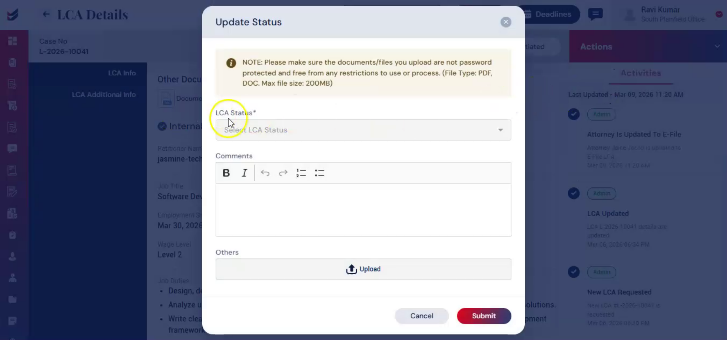 LCA Case Status Updation