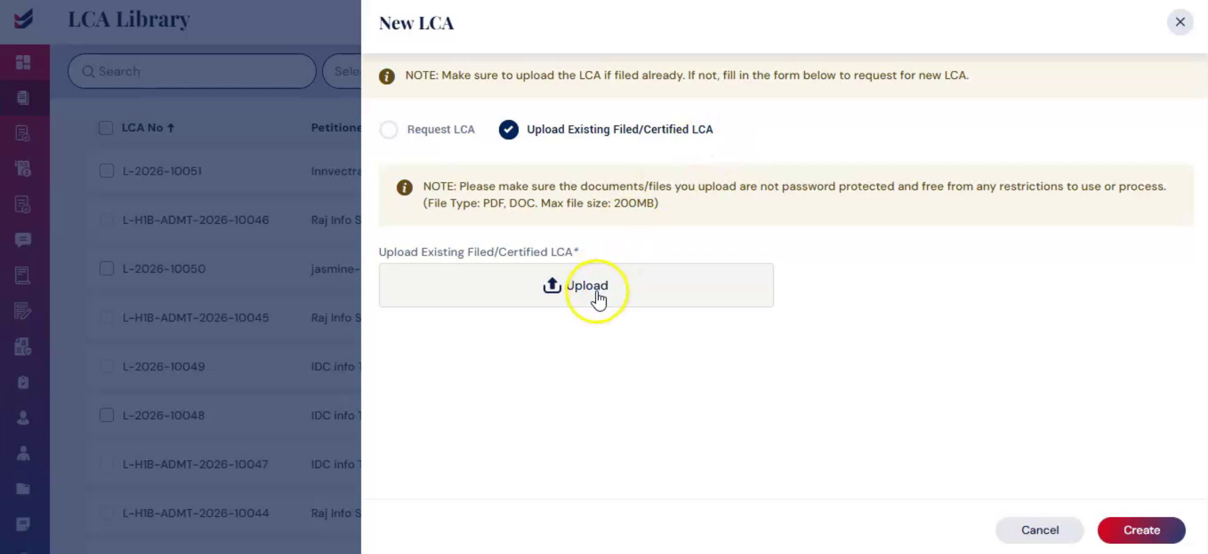 Uploading Existing Filed LCA