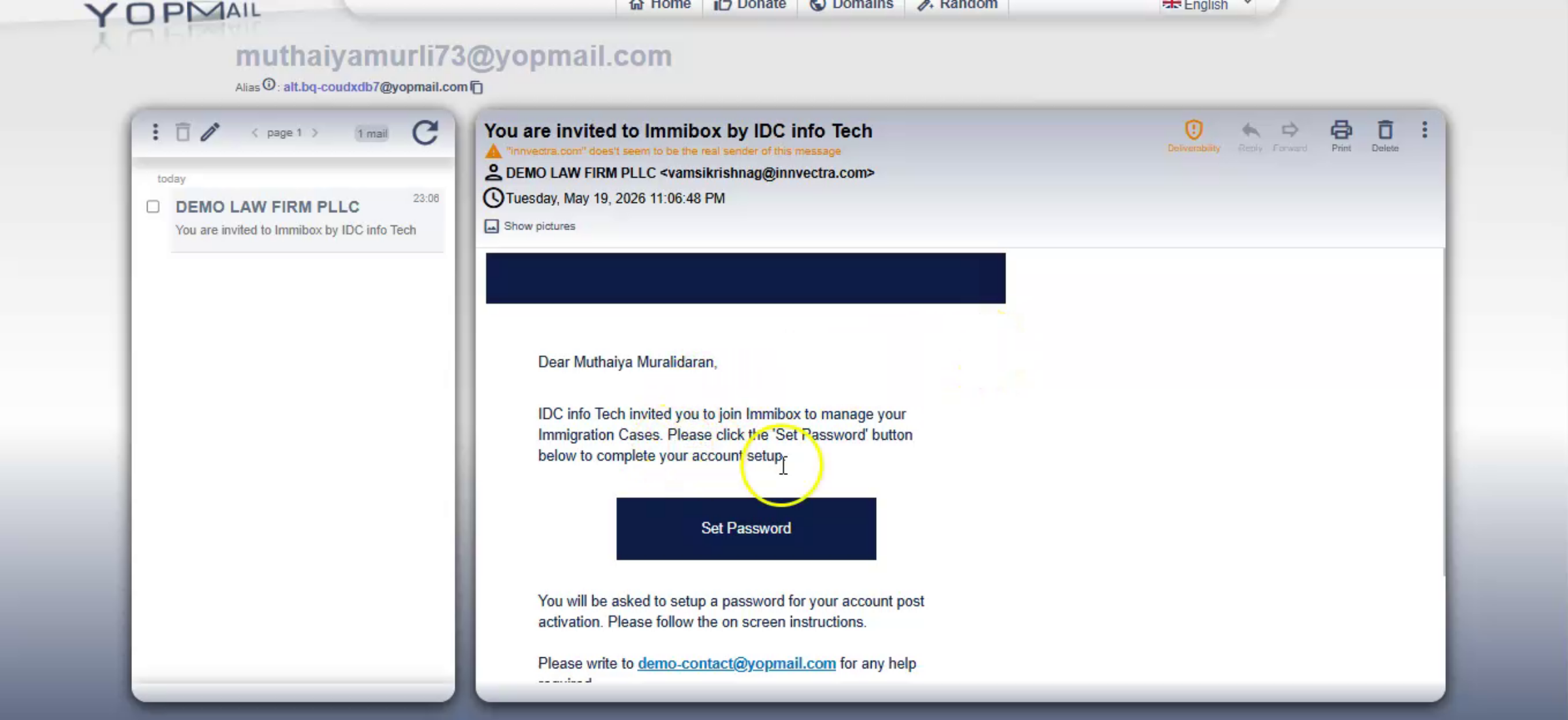 Receive Invitation Email