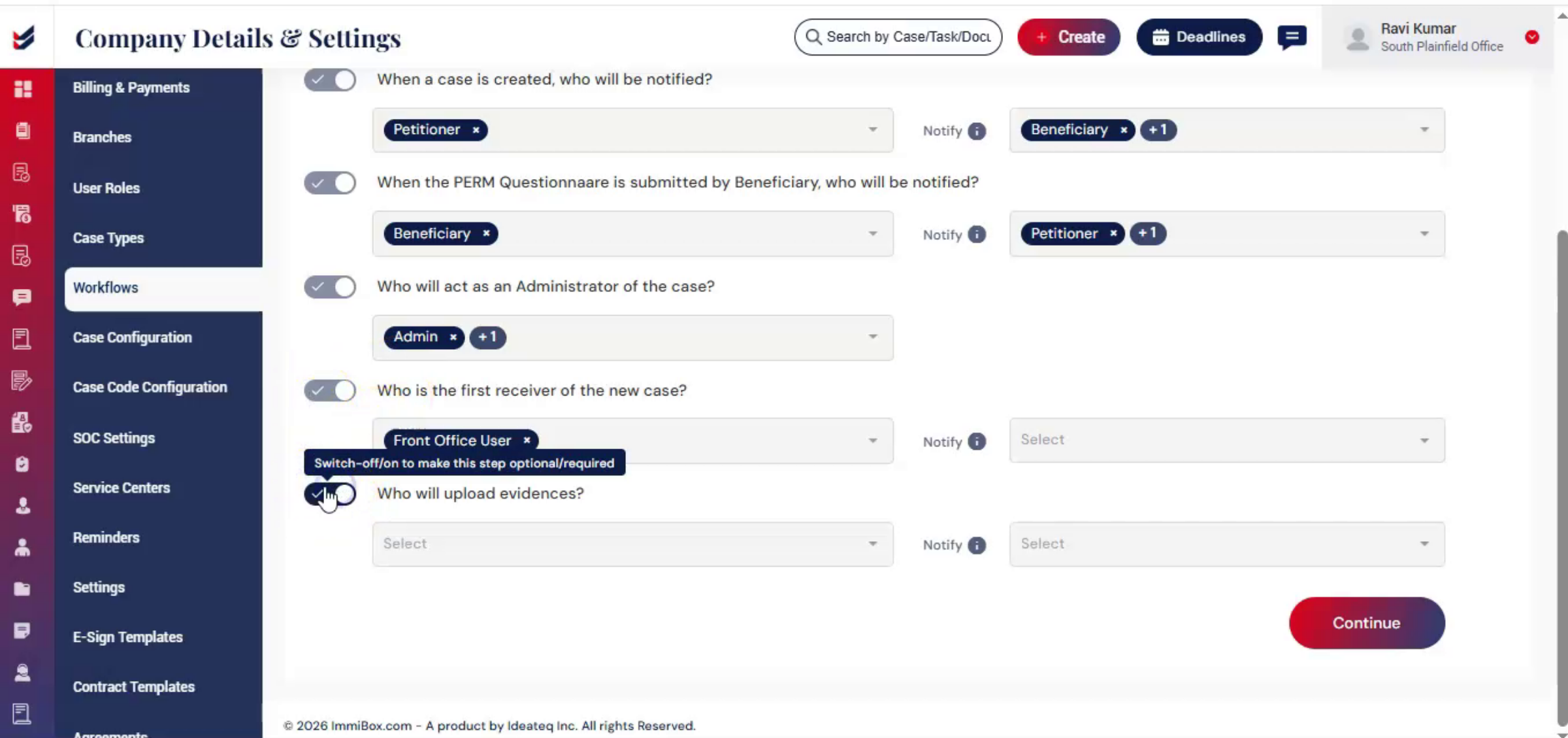 Continuing Through Workflow Sections