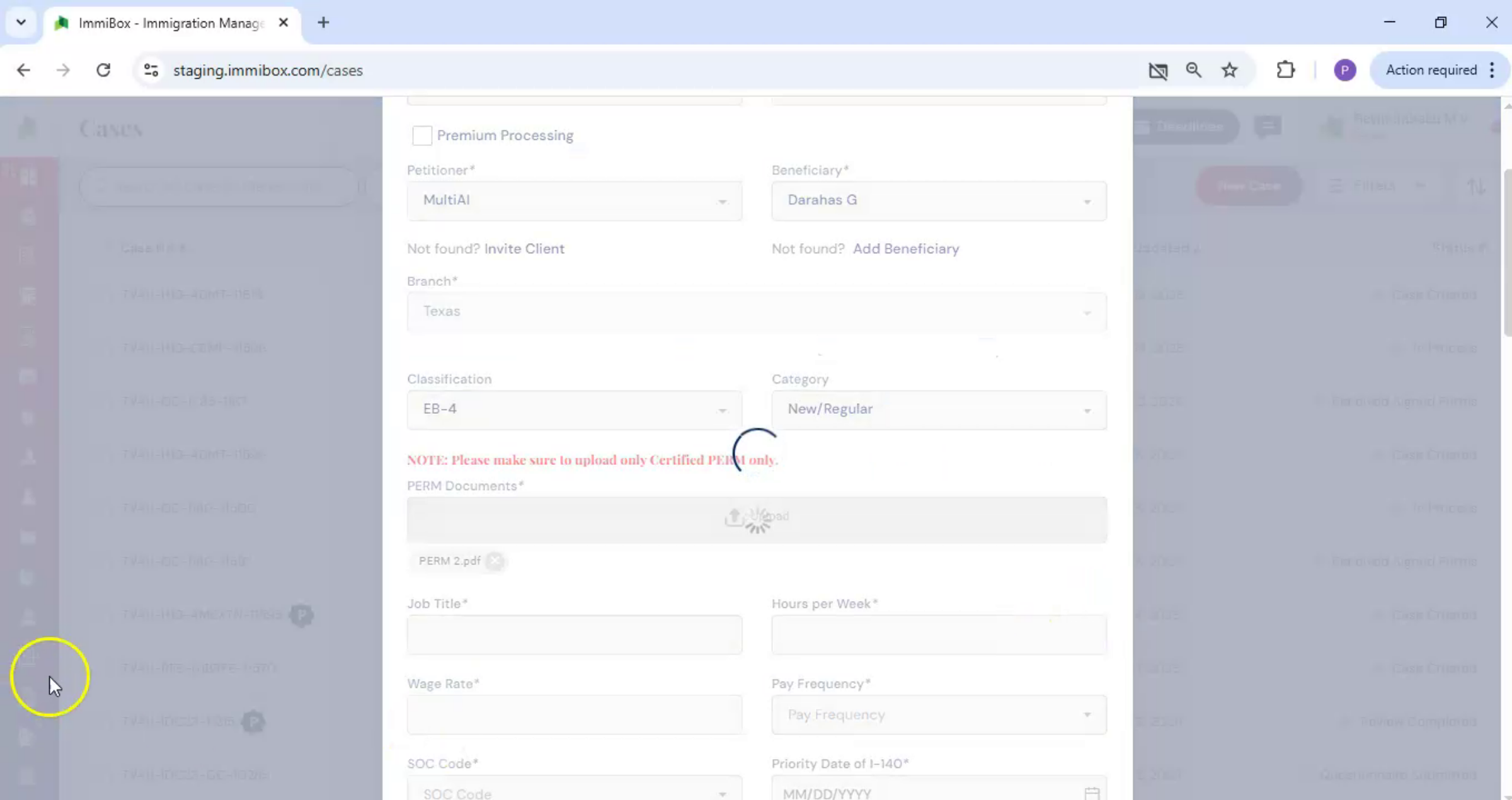 Upload PERM Document Details