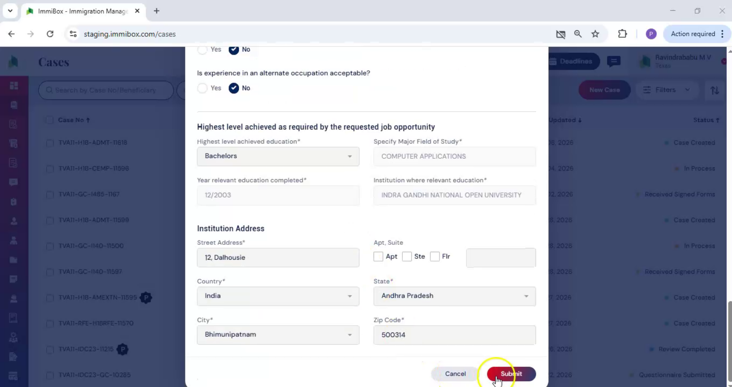 Submit Case Creation