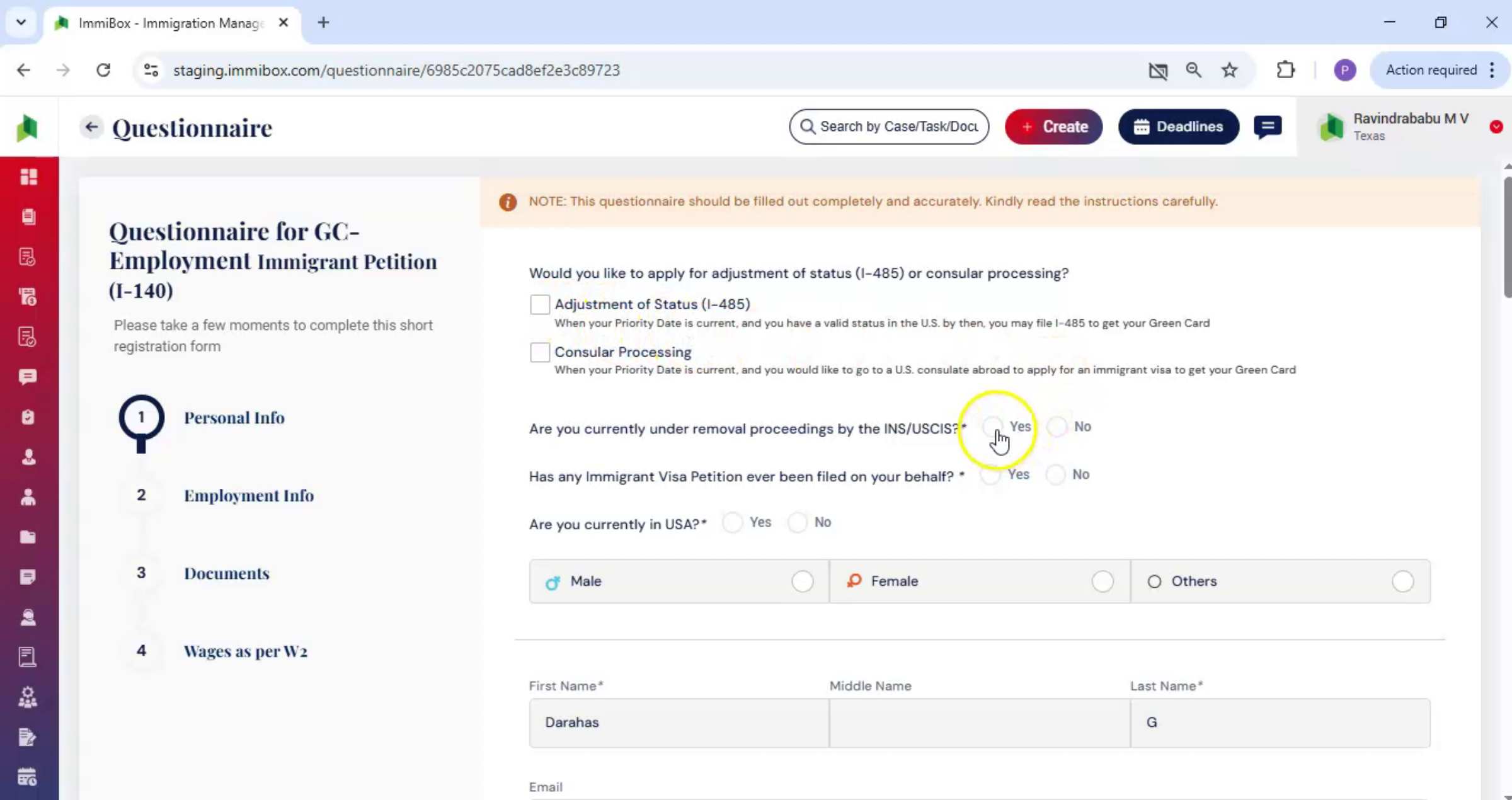 Enter Questionnaire Details