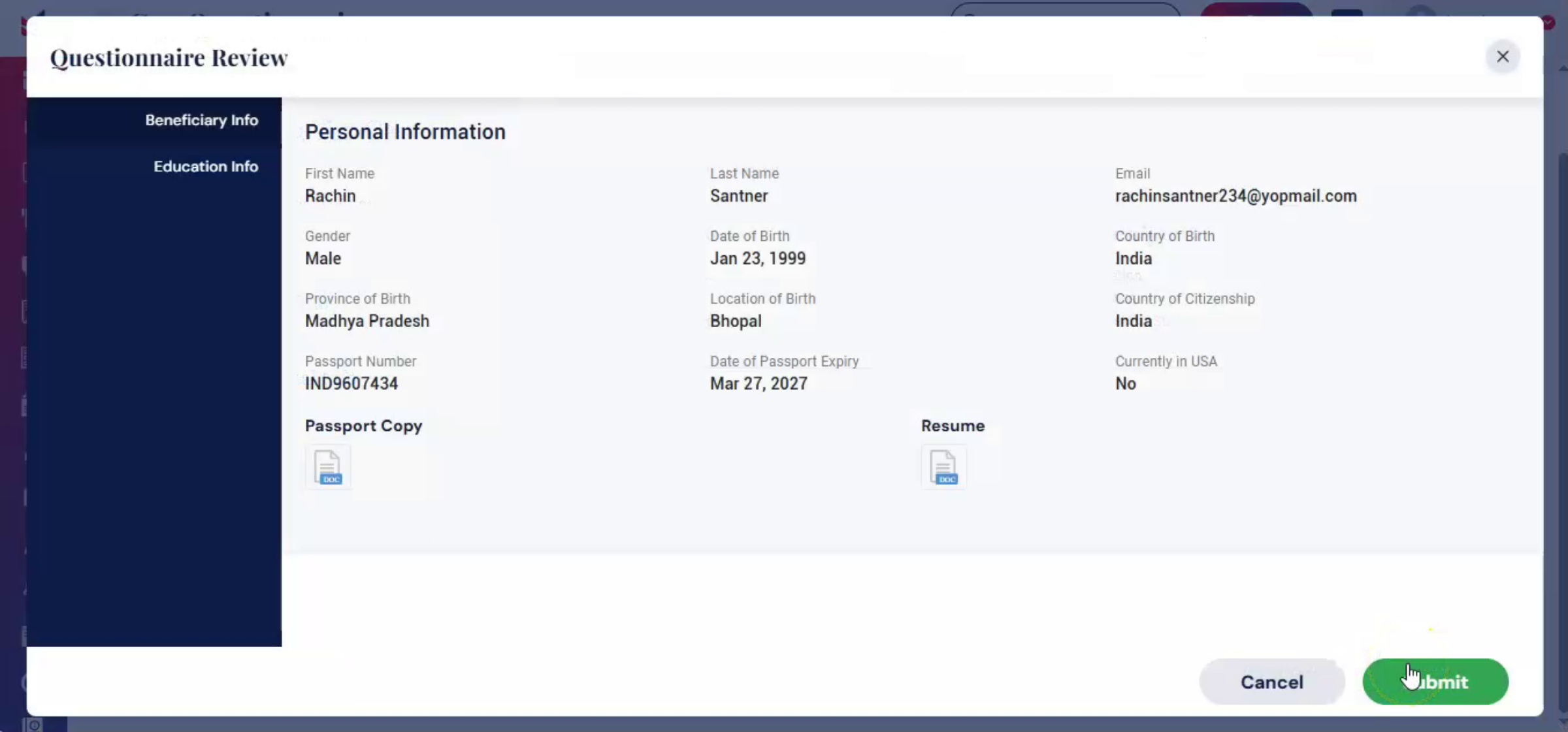 Submitting Questionnaire Data