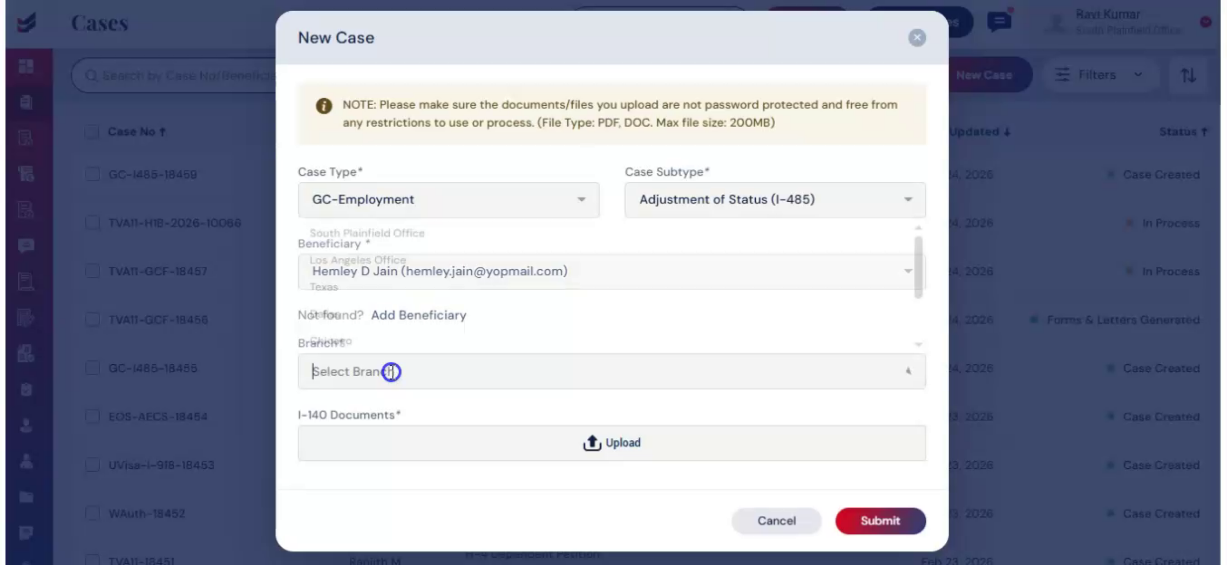 Uploading I-140 Document