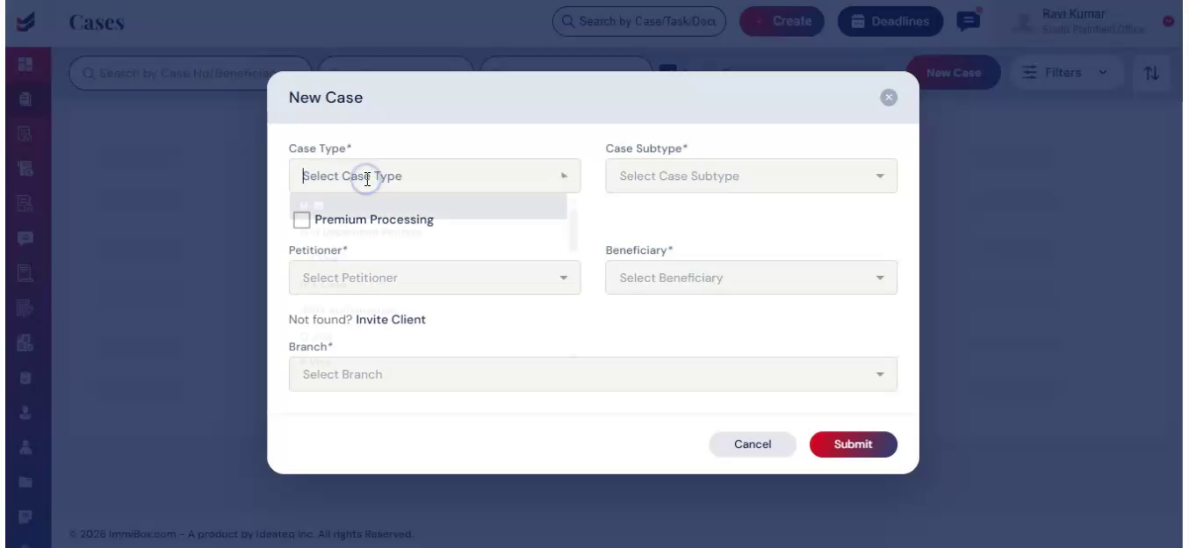 Selecting Employment Case Type