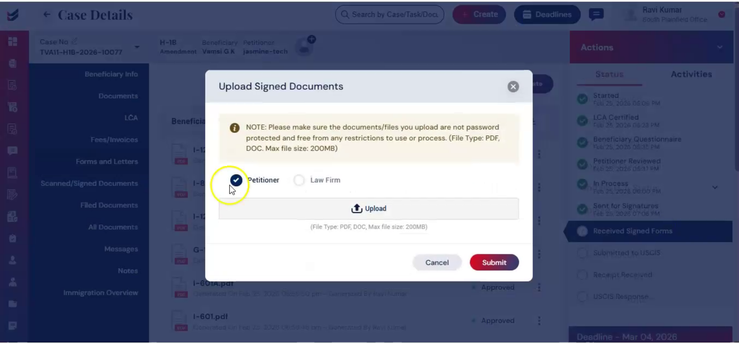 Uploading Documents Dialog Usage
