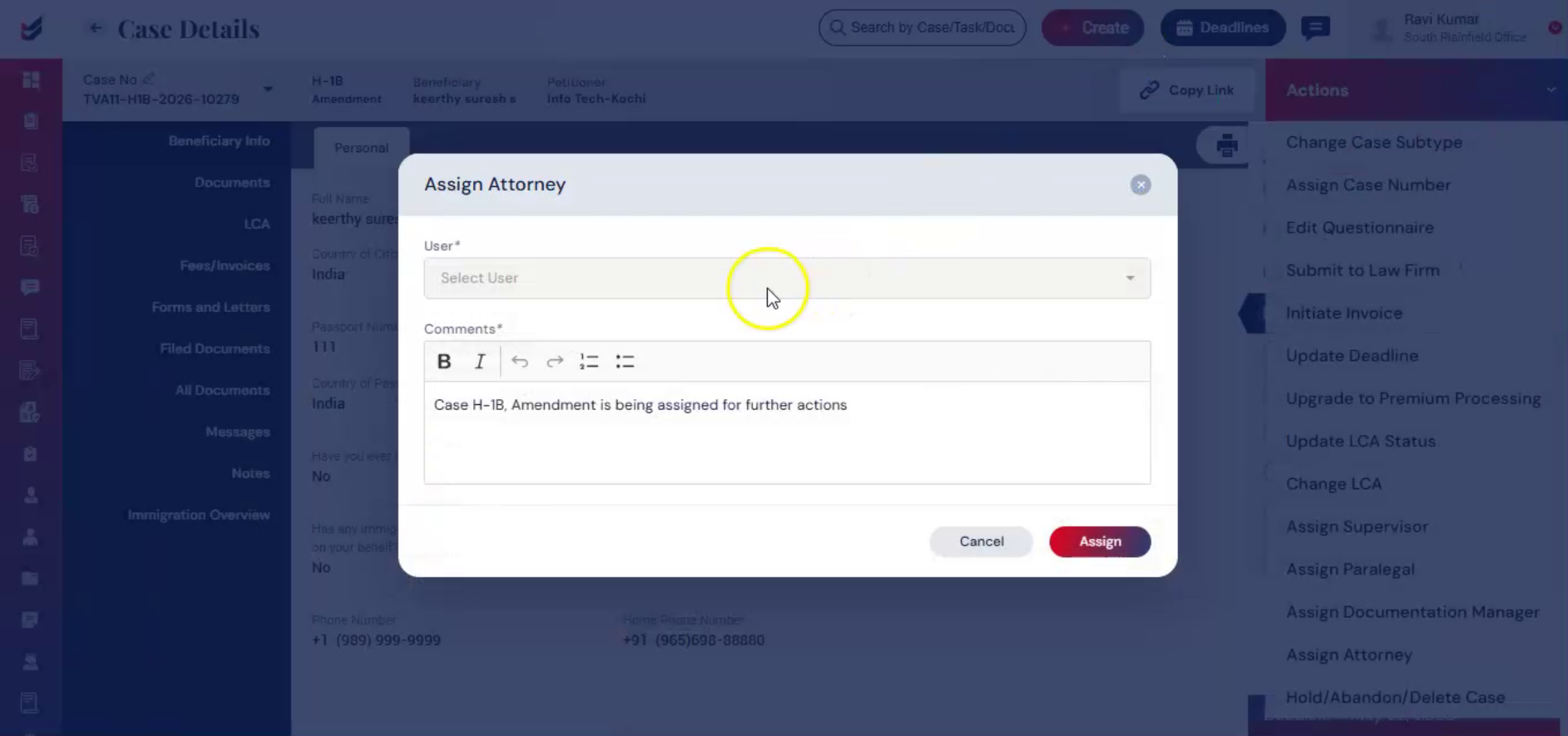 Assign Attorney Dialog Box