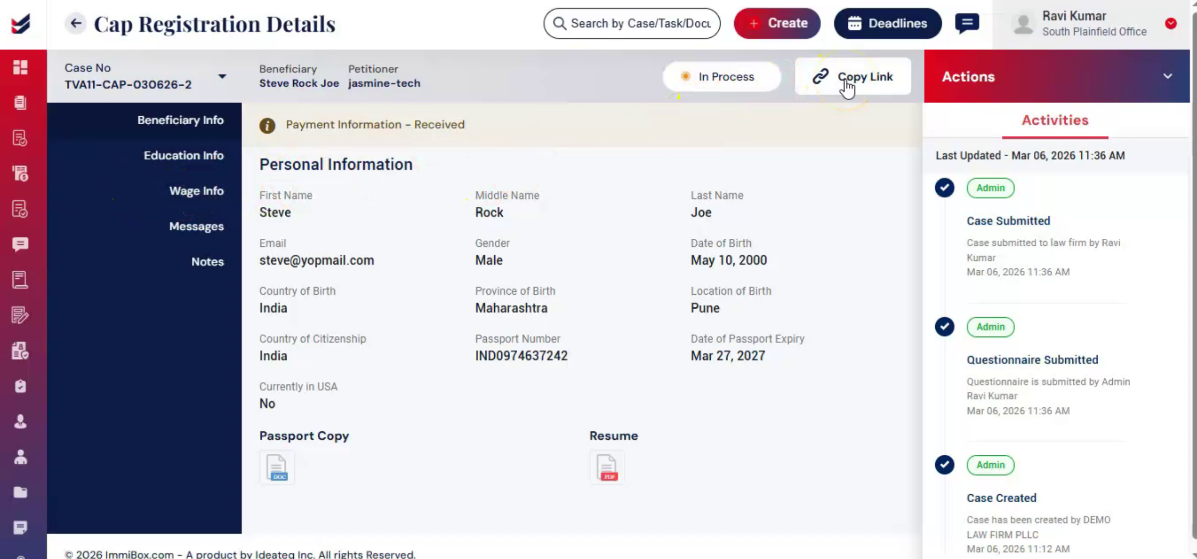 Copying And Sending Beneficiary Links