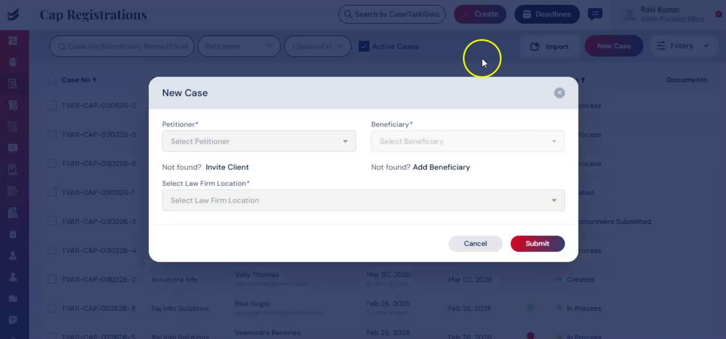 CAP Registration Dialog And Petitioner Selection